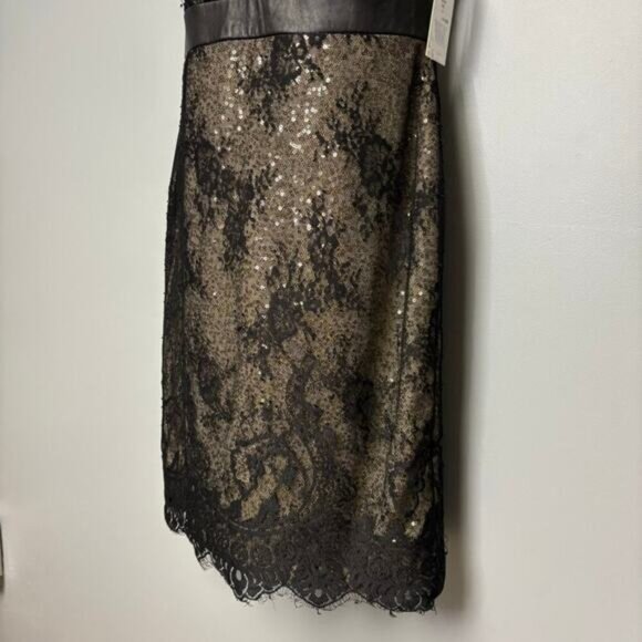 NWT Mikael Aghal Gold Sequin Black Lace Formal Mini Dress Sz 8 - Picture 3 of 8